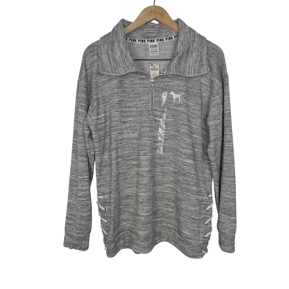 NWT PINK Victoria's Secret Marl Grey 1/4 Zip Mock Neck Lace Up Sweatshirt